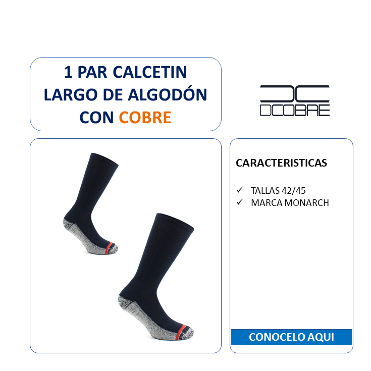 1 Par calcetín largo de algodón con cobre. Marca Monarch- GRUESO INVIERNO ART. 228, LIQUIDACIÓN.