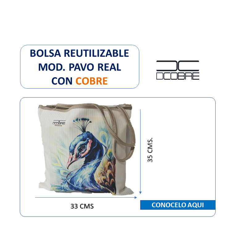 Bolsa Reutilizable Mod. Pavo Real con cobre.