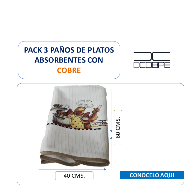 Pack 3 Paños de platos Cobre elimina gérmenes y olores Mod. Gallinas , absorbente (grueso).