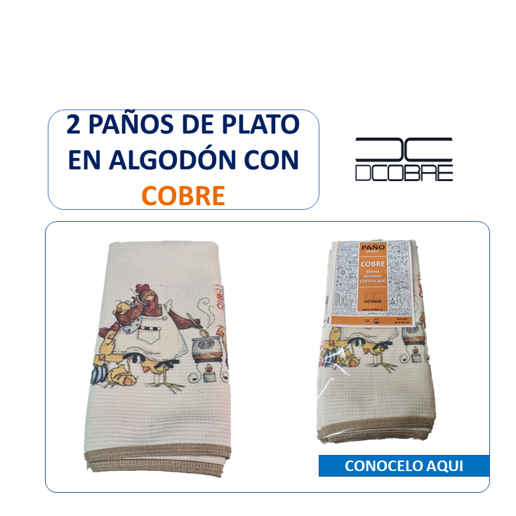 Pack 2 Paños platos Polycotton Cobre elimina germenes y olores ,Diseño Gallina o Picaflor.