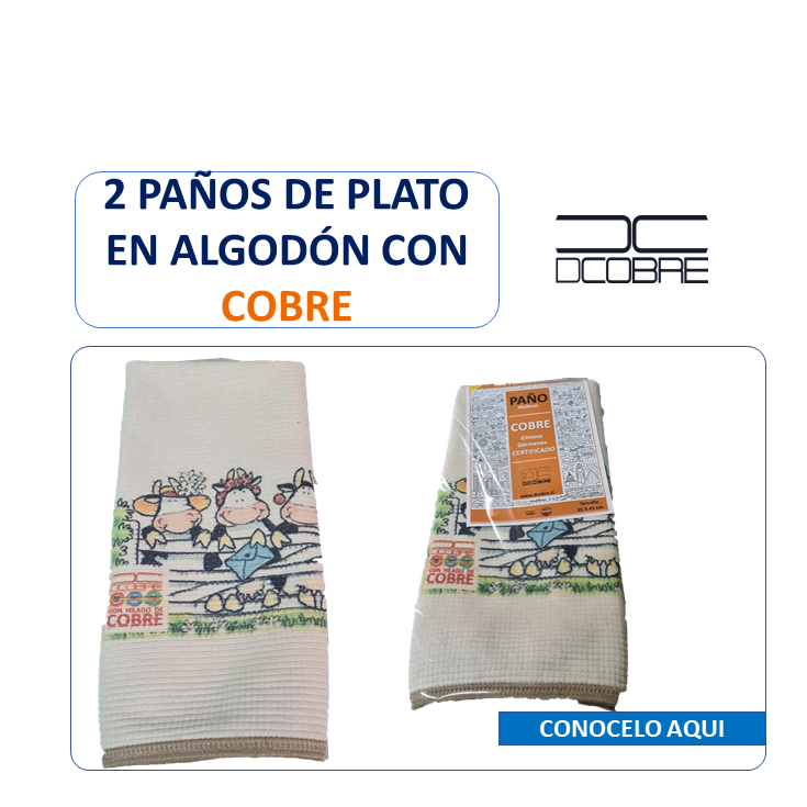 Pack 2 paños de platos Polycotton Cobre. elimina olores y germenes Diseño Vaquitas.