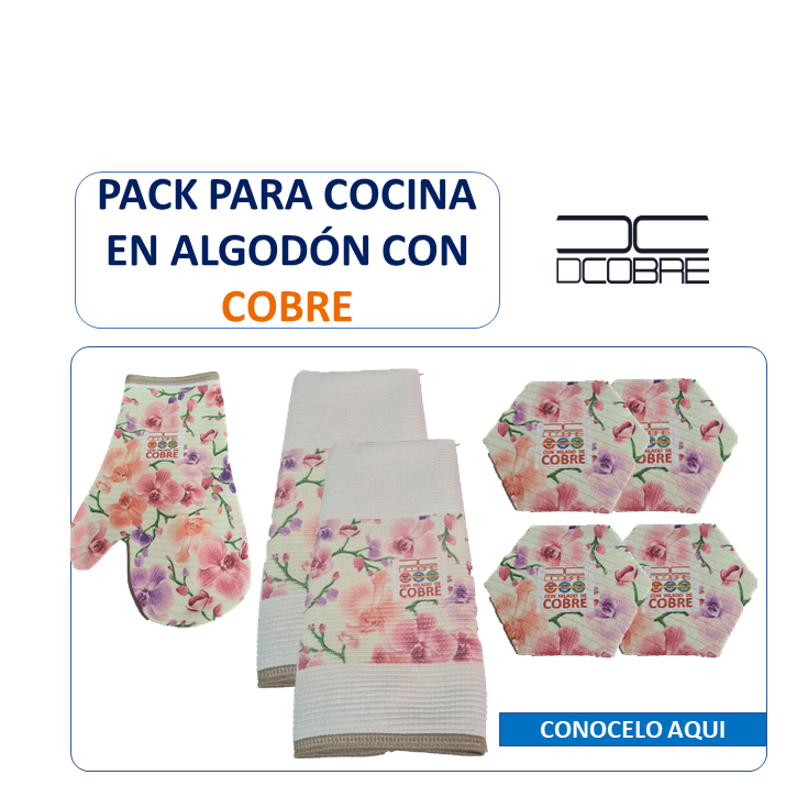 Pack para cocina en Polycotton con Cobre. Diseño Orquídea NUEVO