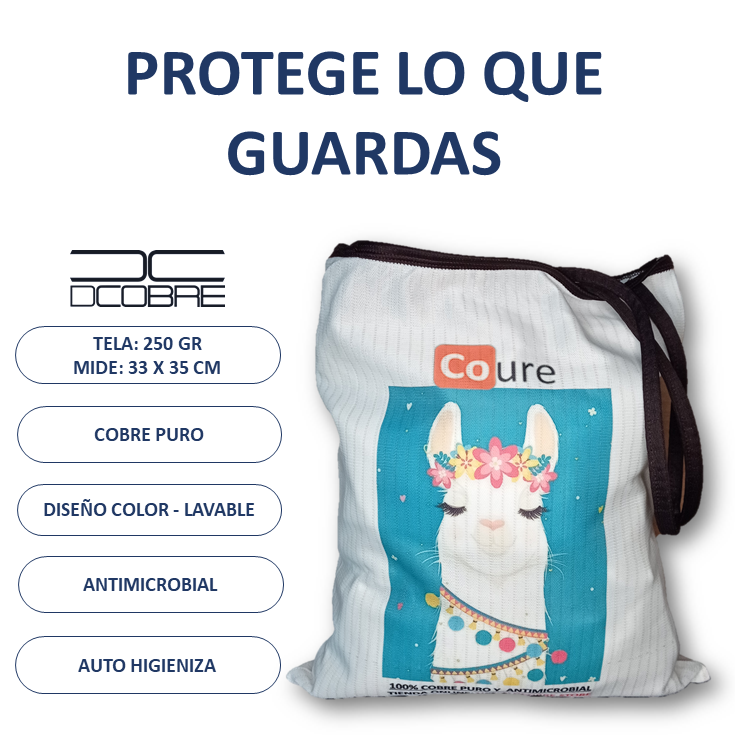 Bolsa Reutilizable con COBRE activo. Diseño LLAMA (tela 250gr) - DCobre