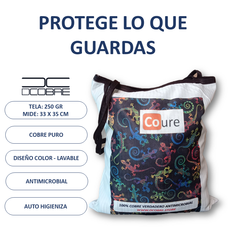 Bolsa Reutilizable con COBRE activo. Diseño LAGARTIJAS (tela 250gr) - DCobre
