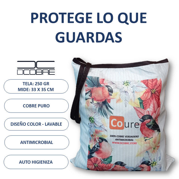 Bolsa Reutilizable con COBRE activo. Diseño PAJAROS (tela 250gr) - DCobre