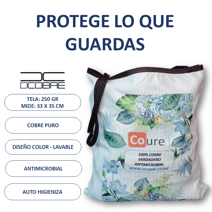 Bolsa Reutilizable con COBRE activo. Diseño FLORES CELESTE (tela 250gr) - DCobre