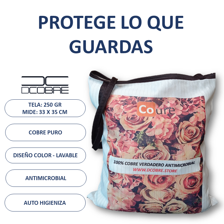 Bolsa Reutilizable con COBRE activo. Diseño ROSAS (tela 250gr) - DCobre