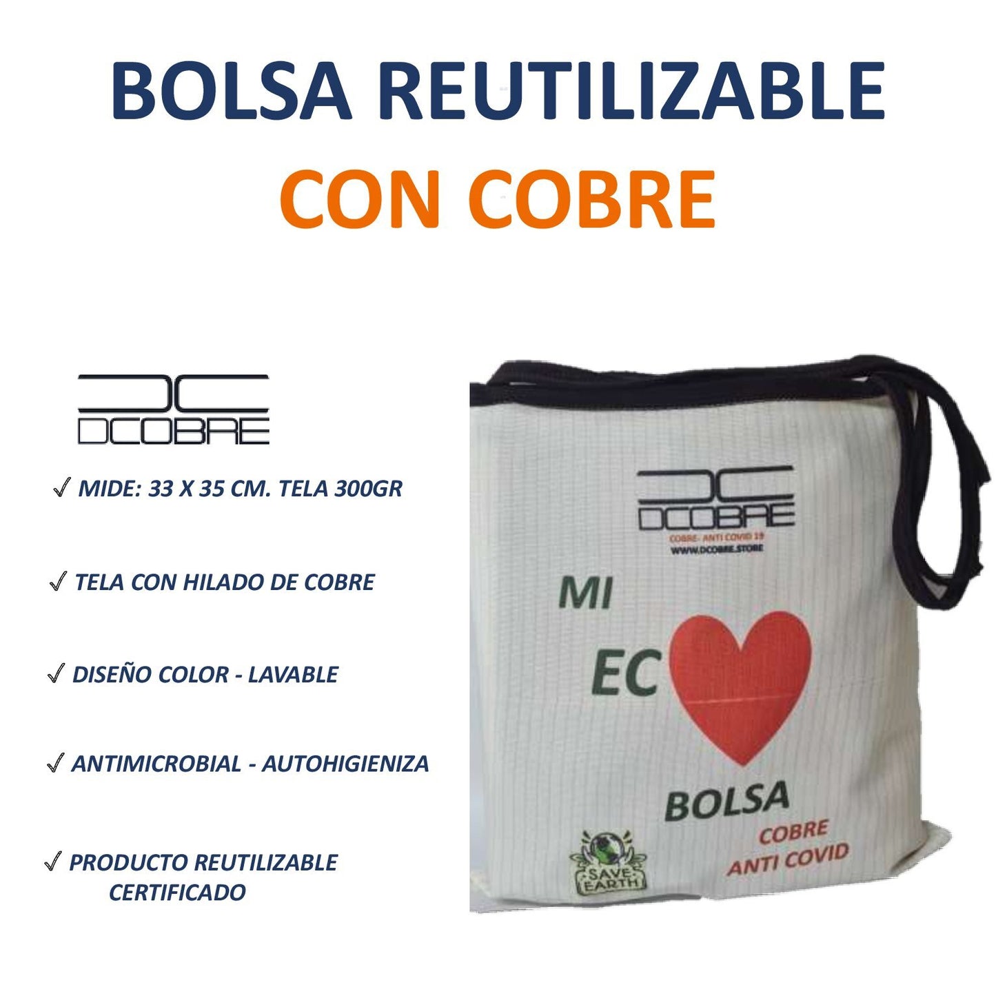 Bolsa Reutilizable con cobre. Modelo CORAZON ROJO. 300 grs.