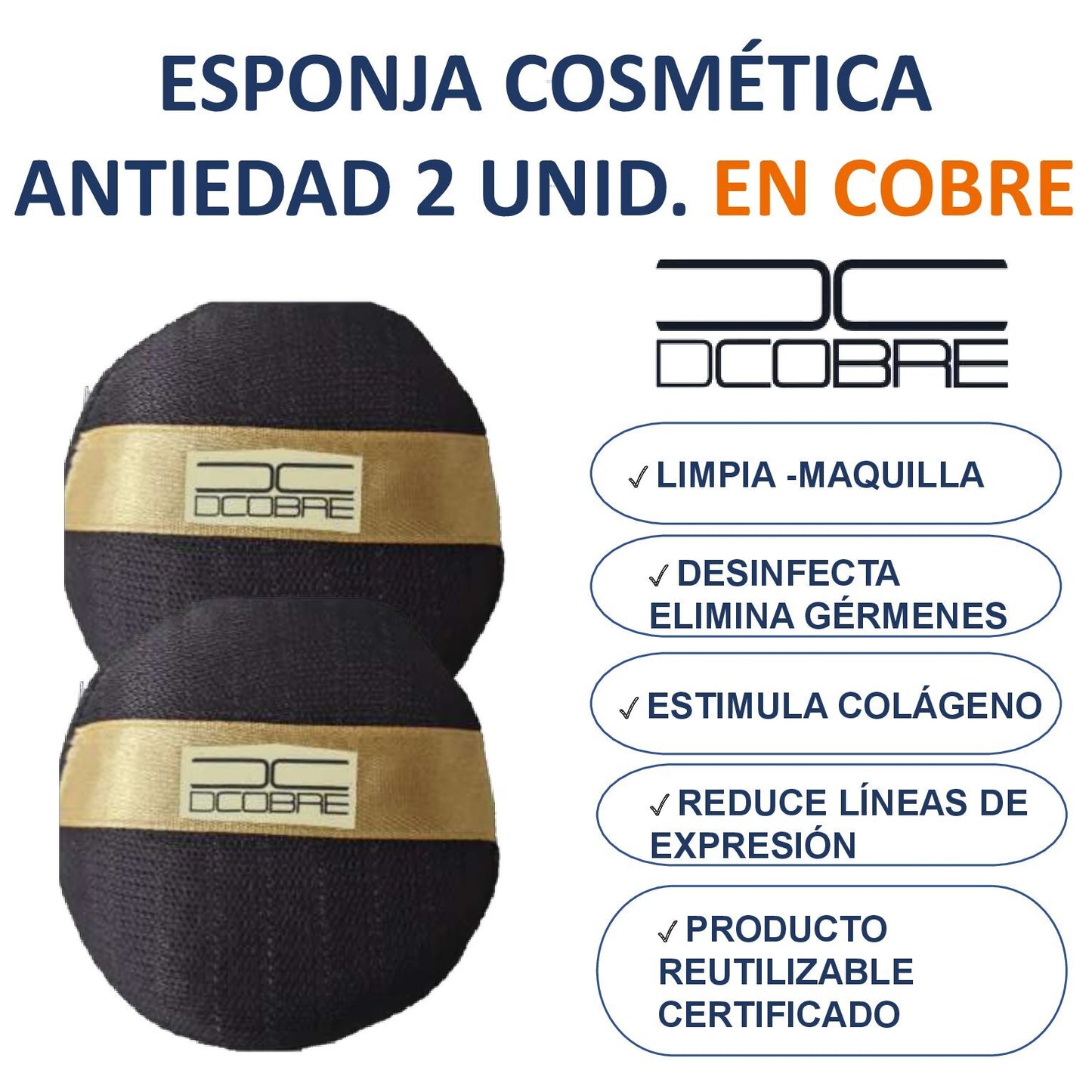 Esponja cosmética Purifica la piel y estimula colageno, 2 unid. en Cobre.