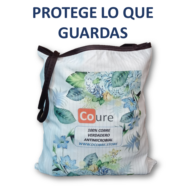 Bolsa Reutilizable con COBRE activo. Diseño FLORES CELESTE (tela 250gr) - DCobre