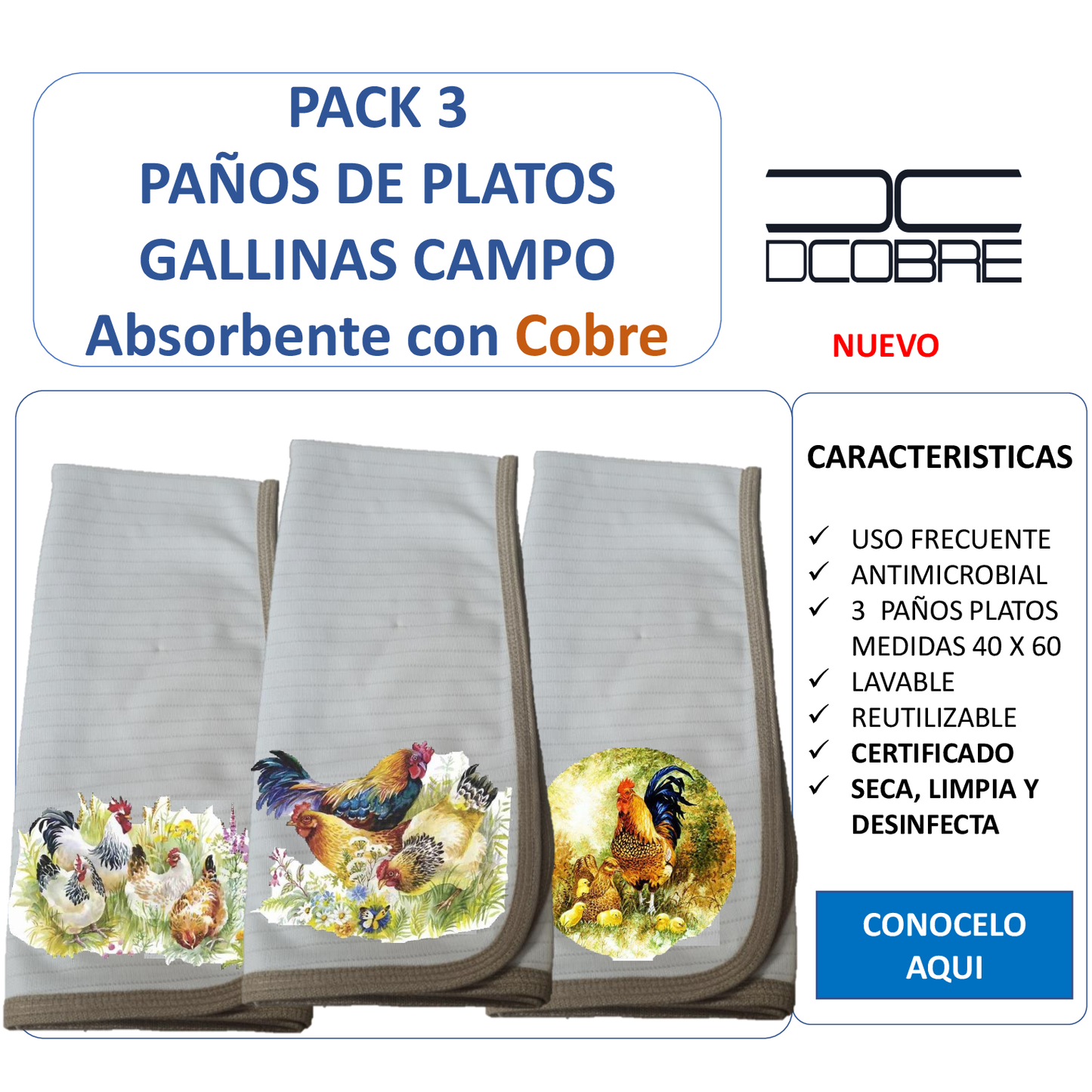 Pack 3 paños de platos absorbente GALLINAS DEL CAMPO , tela cobre activo (grueso).
