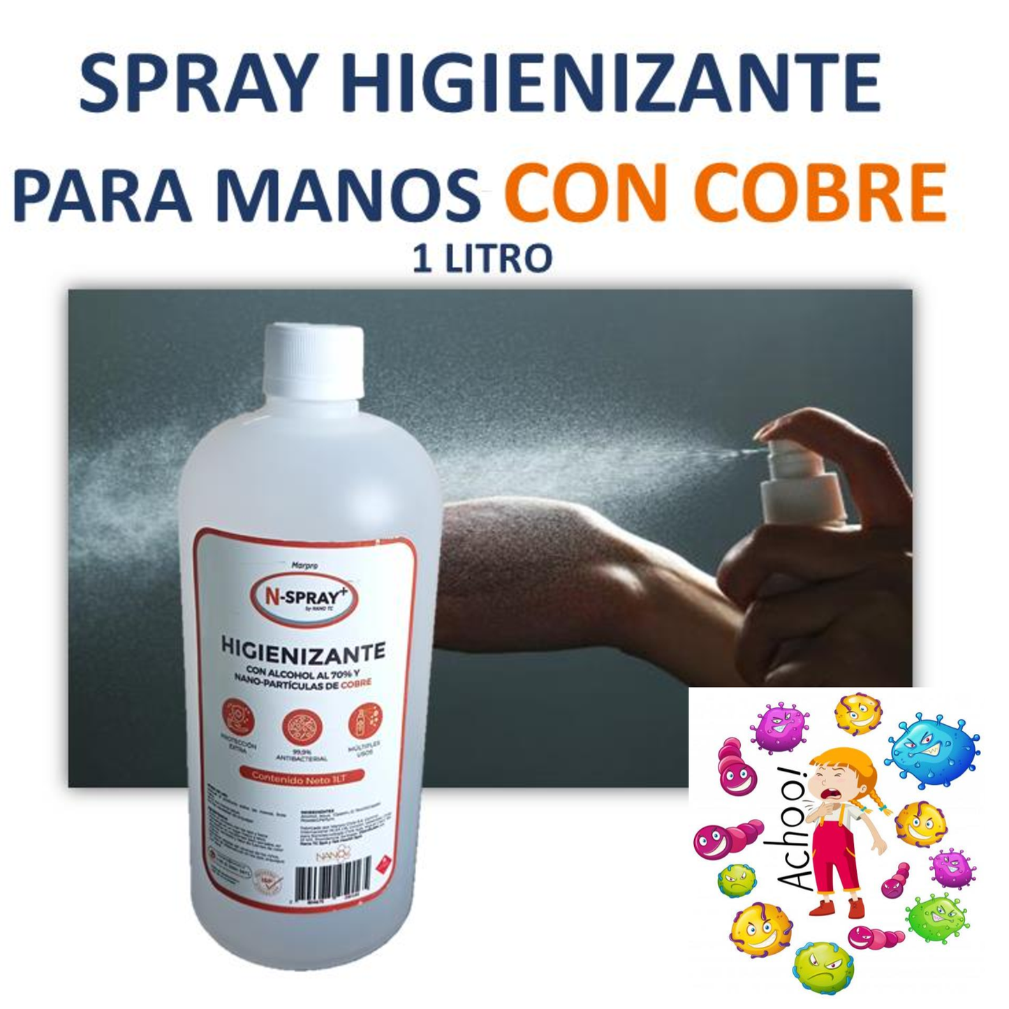 Higienizante para manos y superficies con COBRE. 1 LITRO, LIQUIDACIÓN. - DCobre