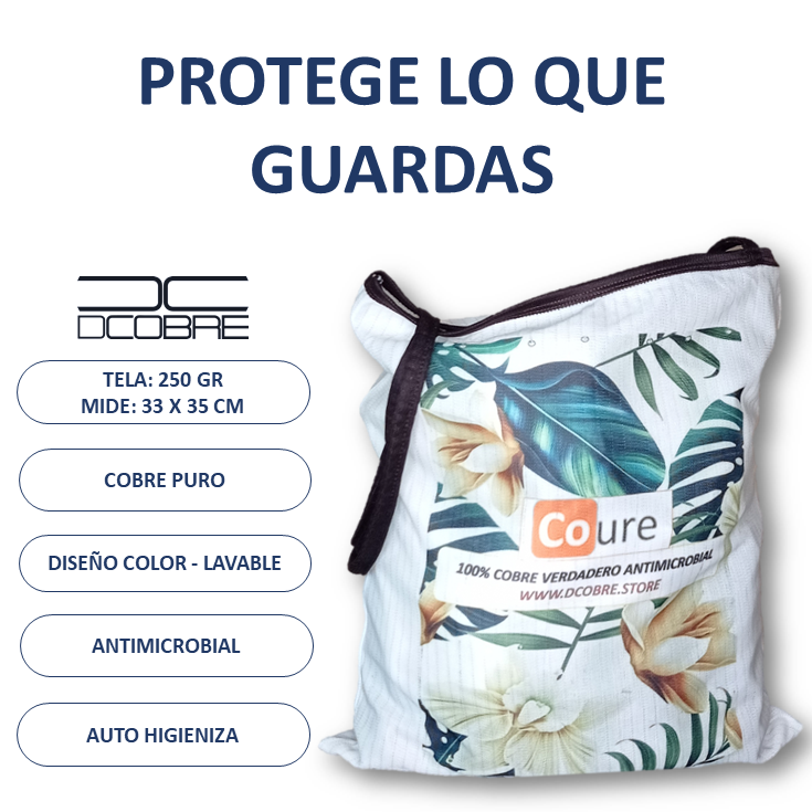 Bolsa Reutilizable con COBRE activo. Diseño HOJAS (tela 250gr) - DCobre
