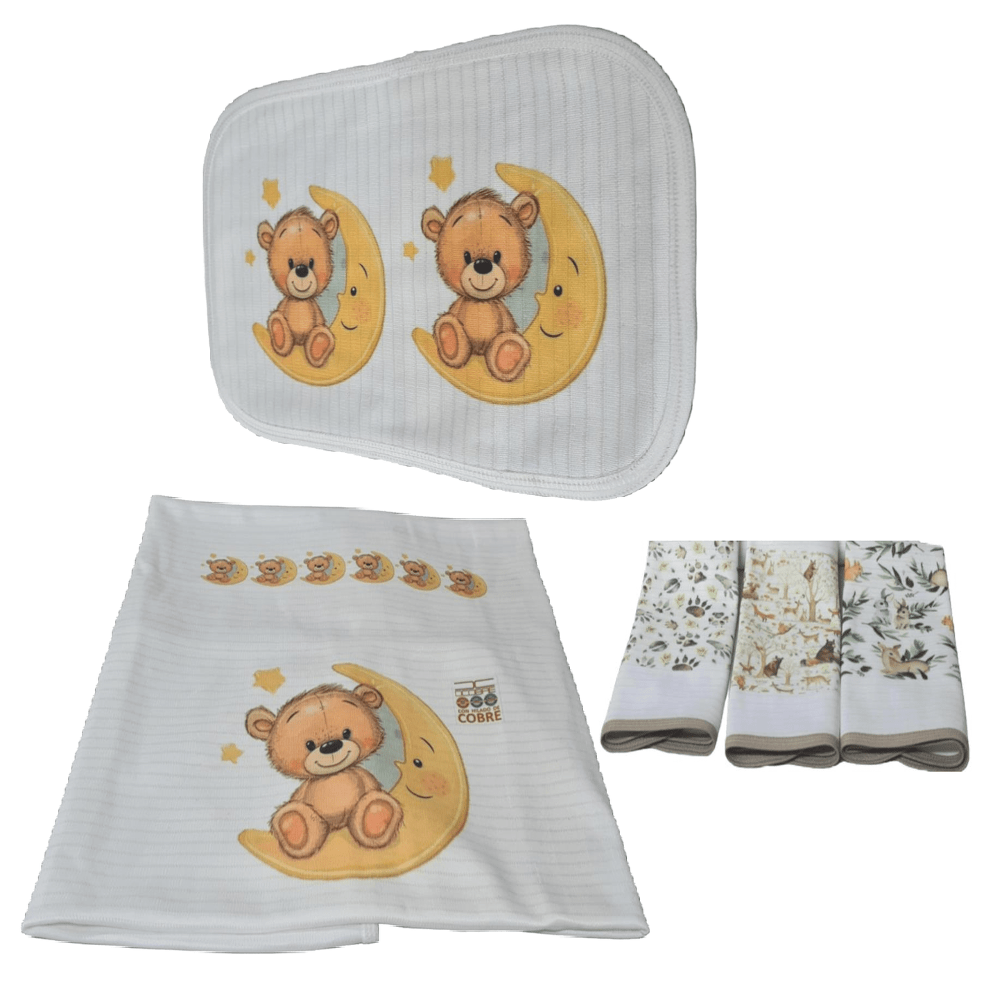 Manta Bebé GRUESA en Cobre modelo Luna y Oso + Funda cojín + pack toallitas.