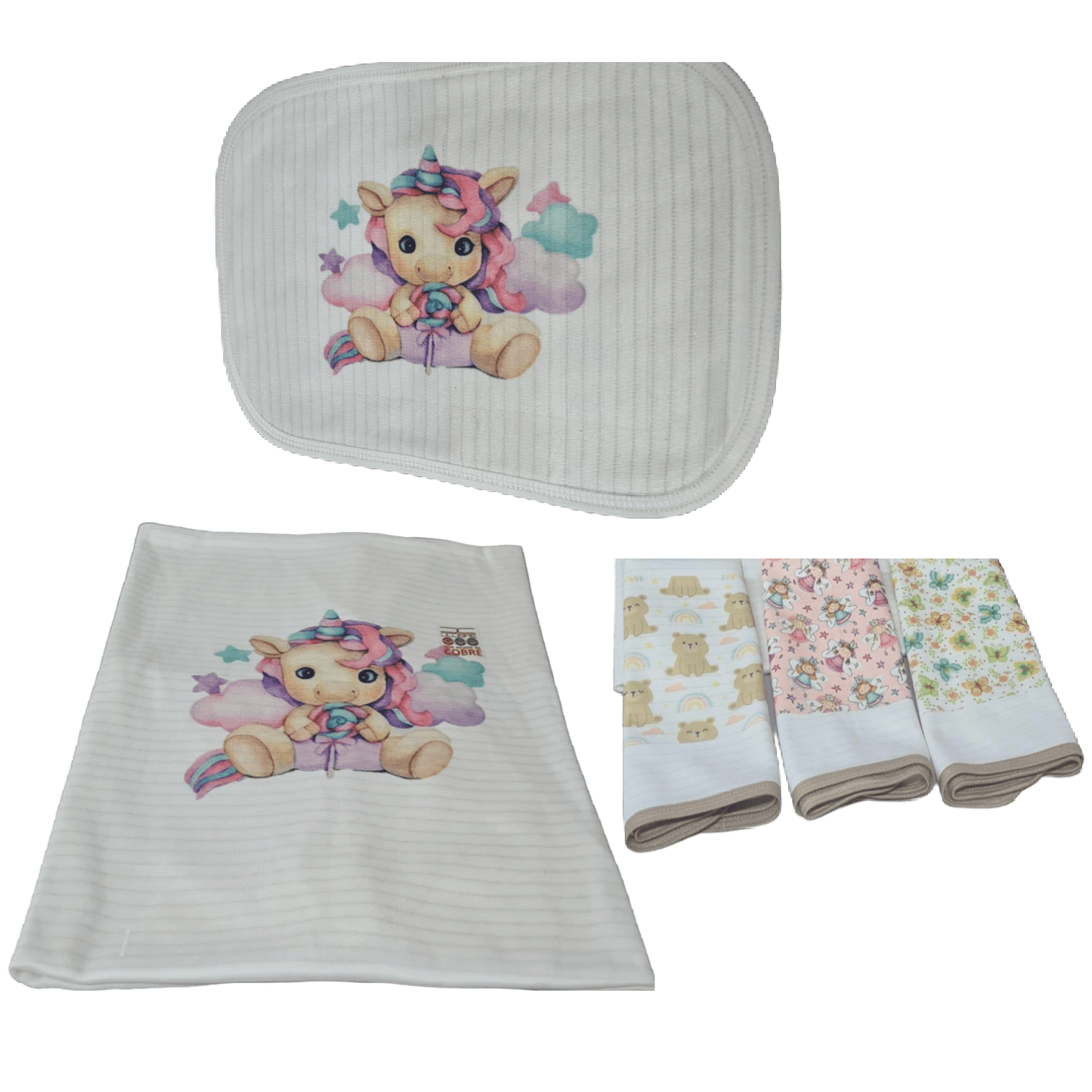 Manta Bebé GRUESA en Cobre modelo Unicornio + Funda cojín + pack toallitas.