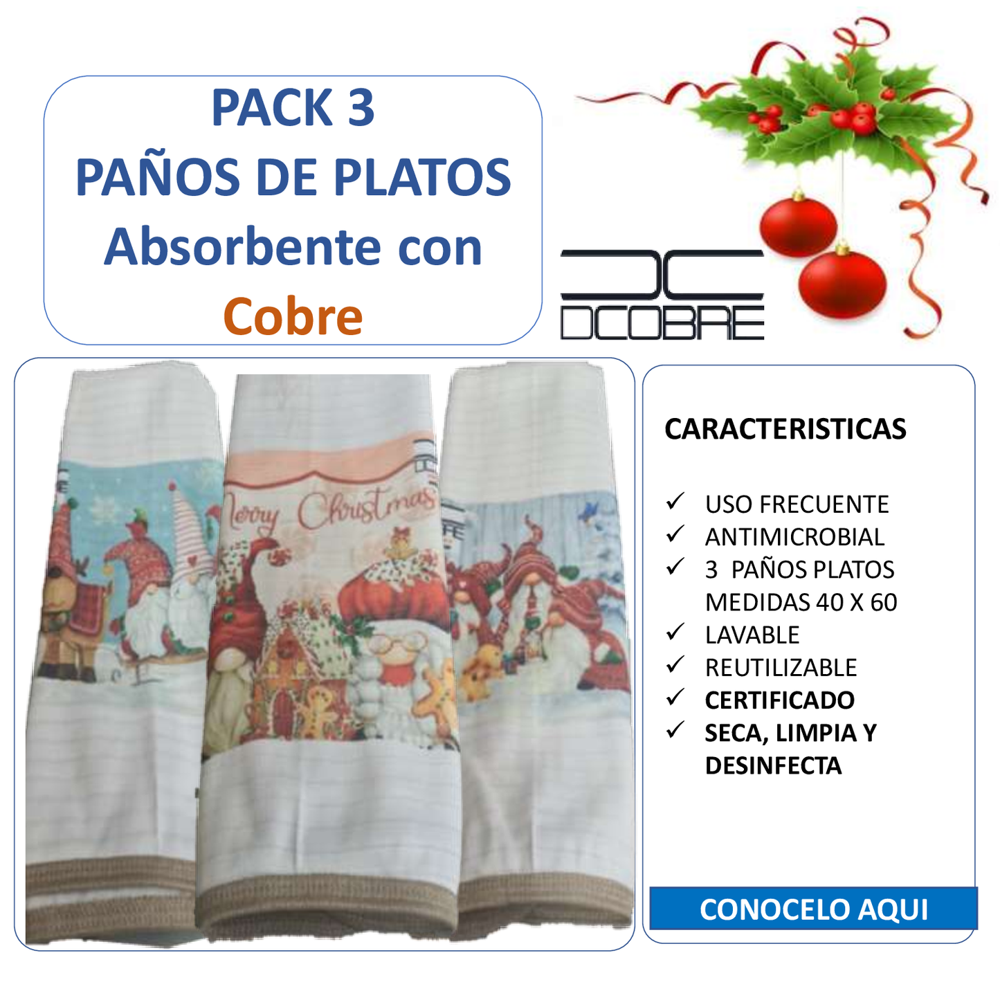 Pack 3 paños de platos CASA DE JENGIBRE, NAVIDAD.