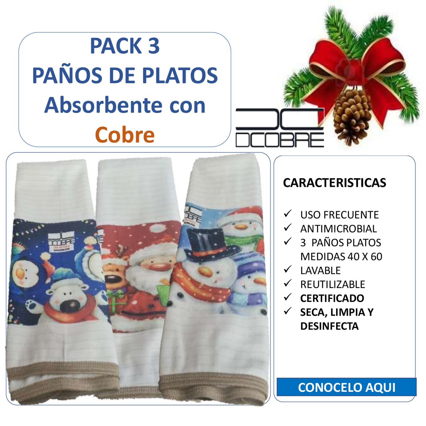 Pack 3 paños de platos absorbentes Mod. OSO POLAR NAVIDAD, tela cobre activo (grueso)