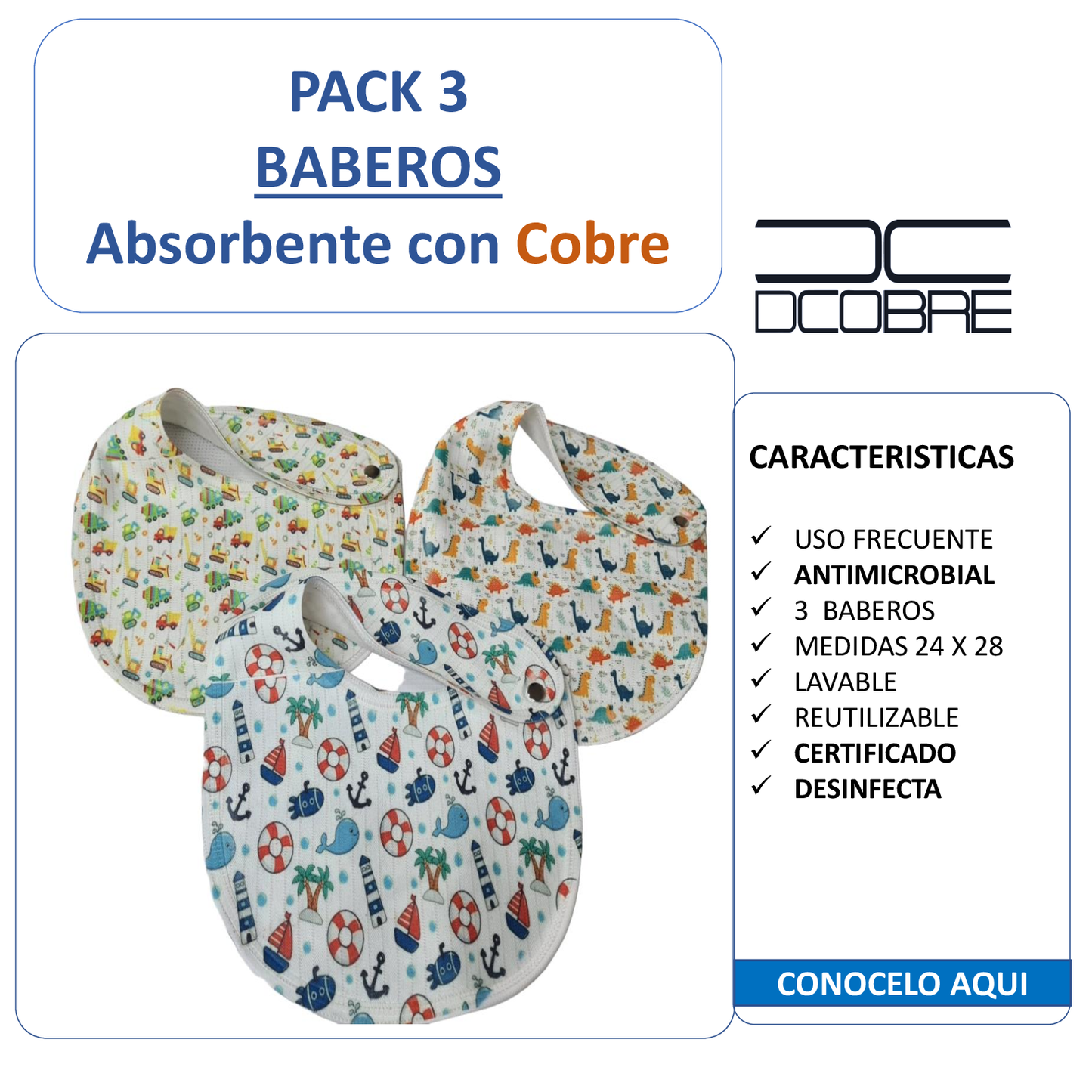 Pack 3 baberos con cobre activo diseño Niño y otros diseños.