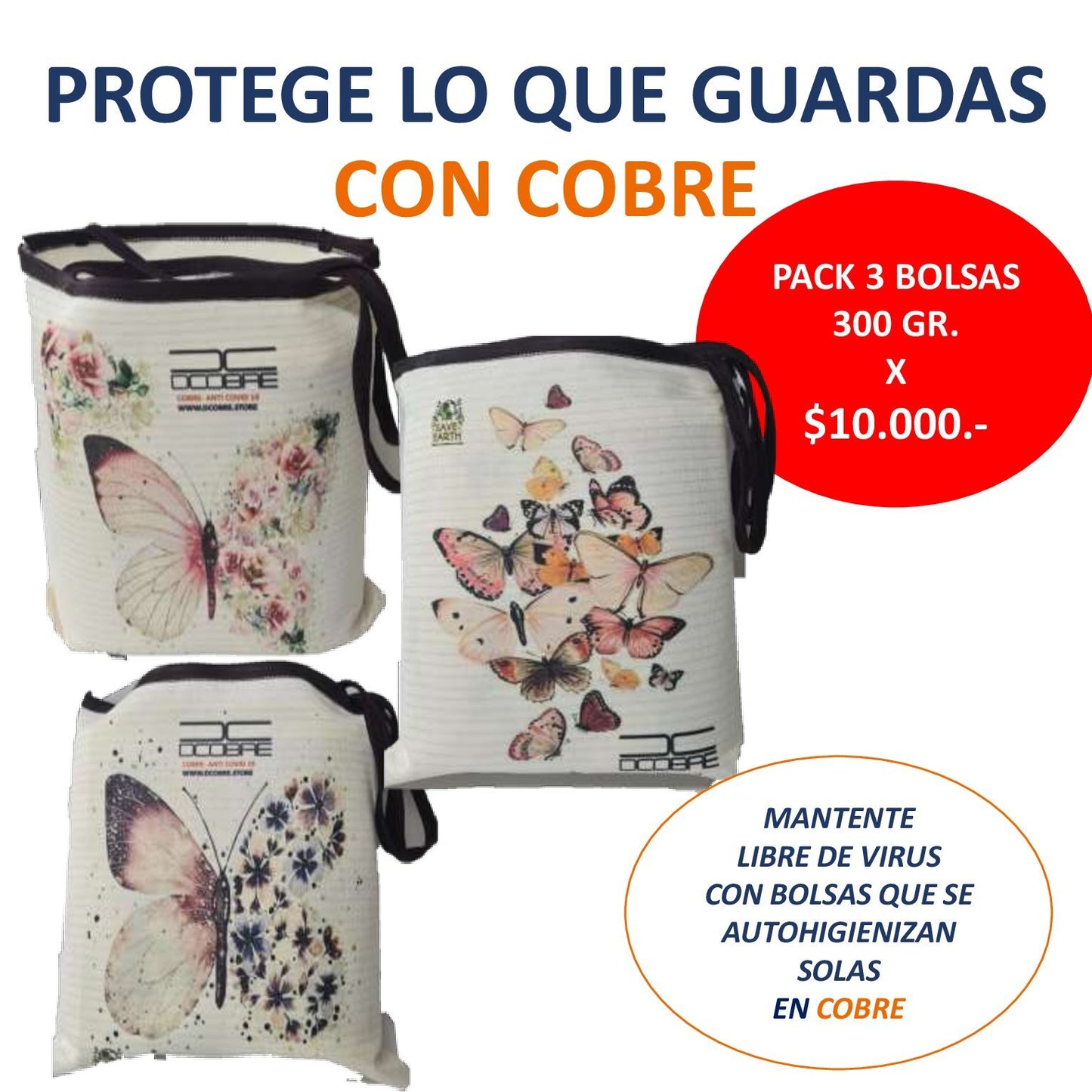 Pack 3 Bolsas reutilizables. con cobre activo. MODELO MARIPOSA
