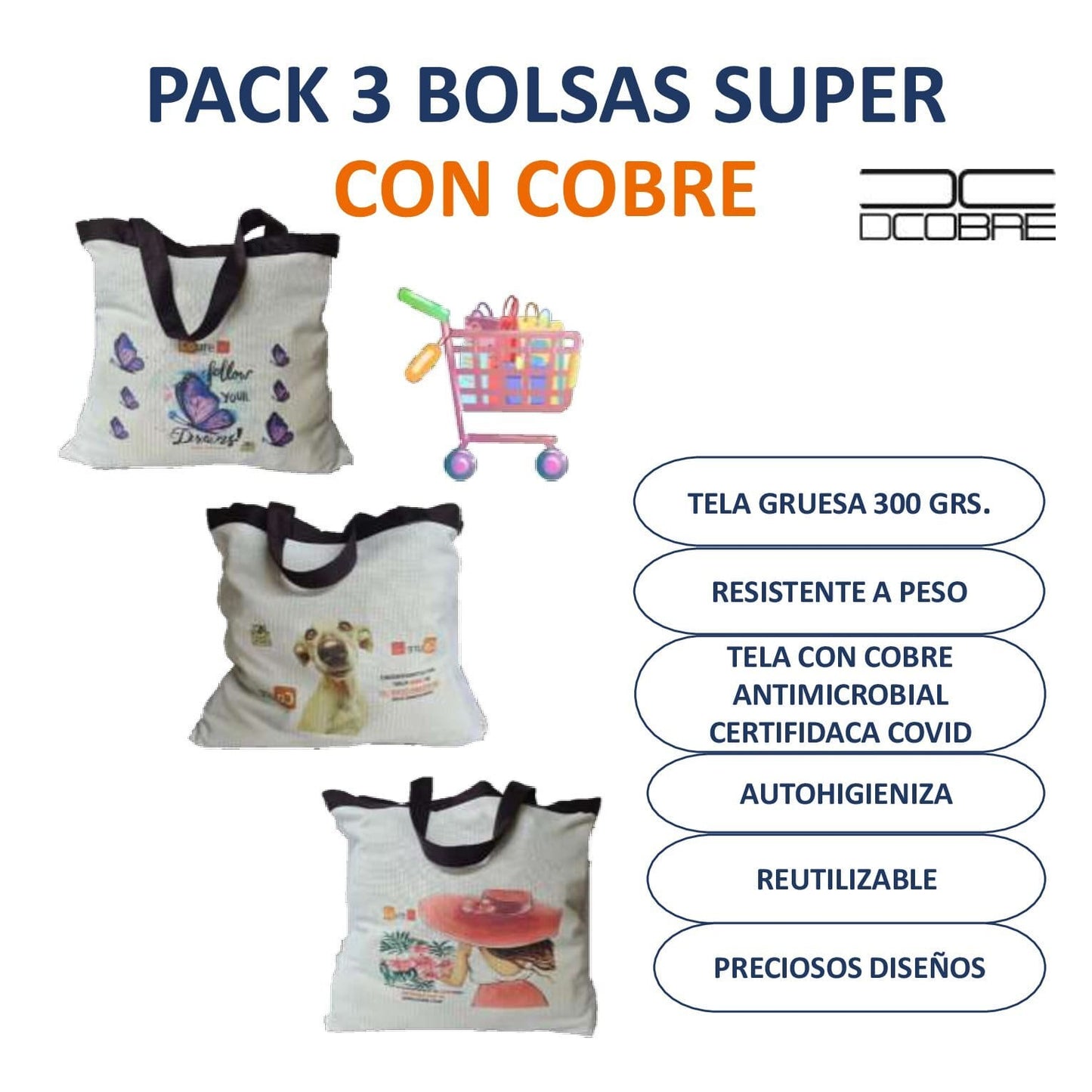 Pack 3 unid. Bolsa reutilizable de Cobre MOD. Supermercado.