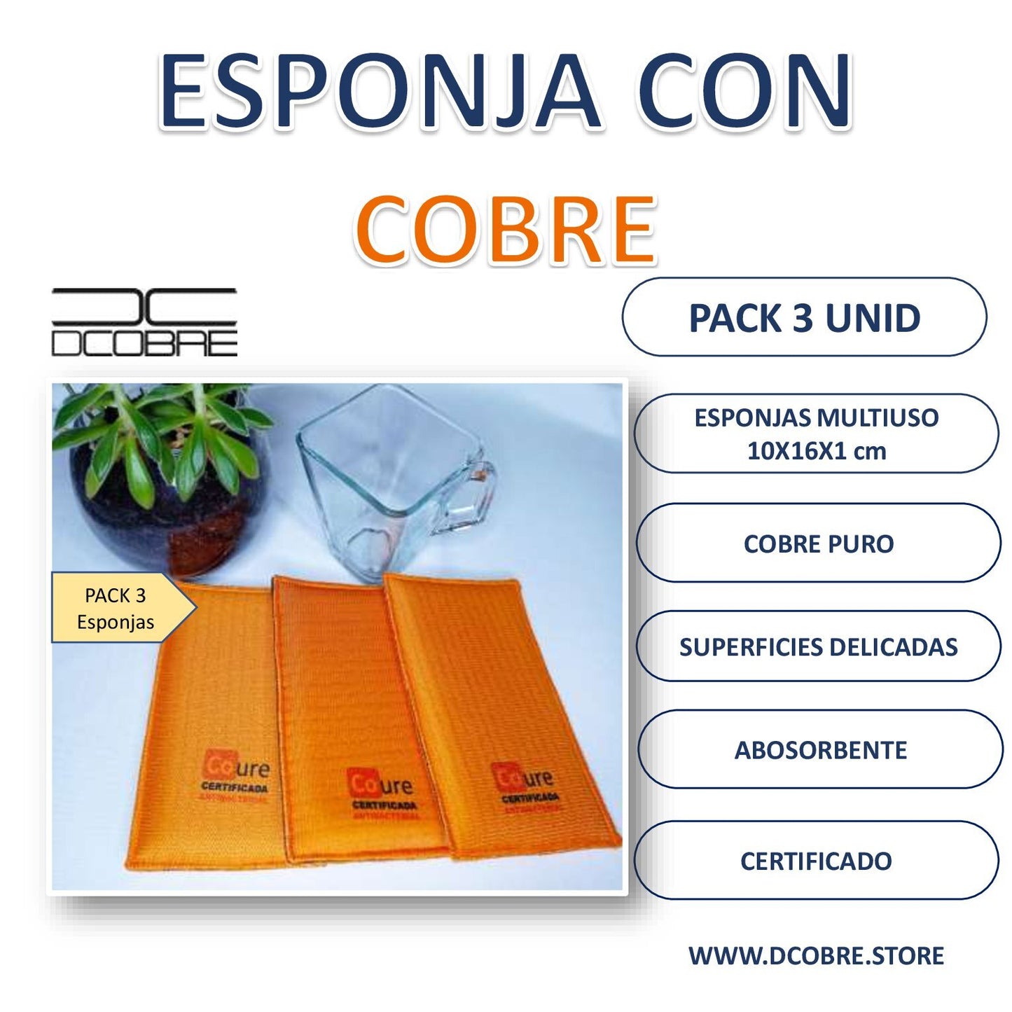 Pack 3 unid. Esponjas multiuso suaves. con cobre, LIQUIDACIÓN. - DCobre