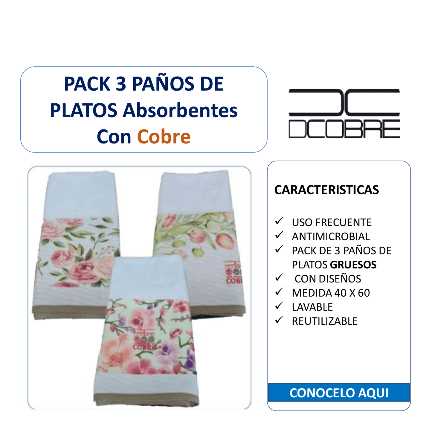 Pack 3 paños de platos absorbentes Mod. Flores , tela cobre activo (grueso).