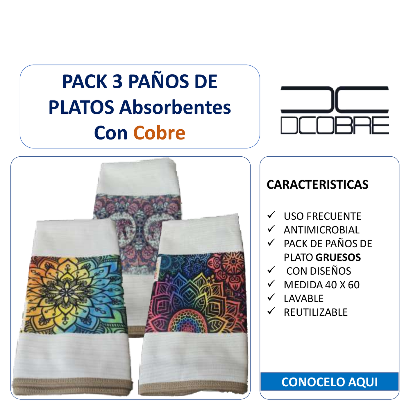 Pack 3 Paños de Platos Cobre absorbentes elimina germenes y olores Mod. MANDALAS (grueso).