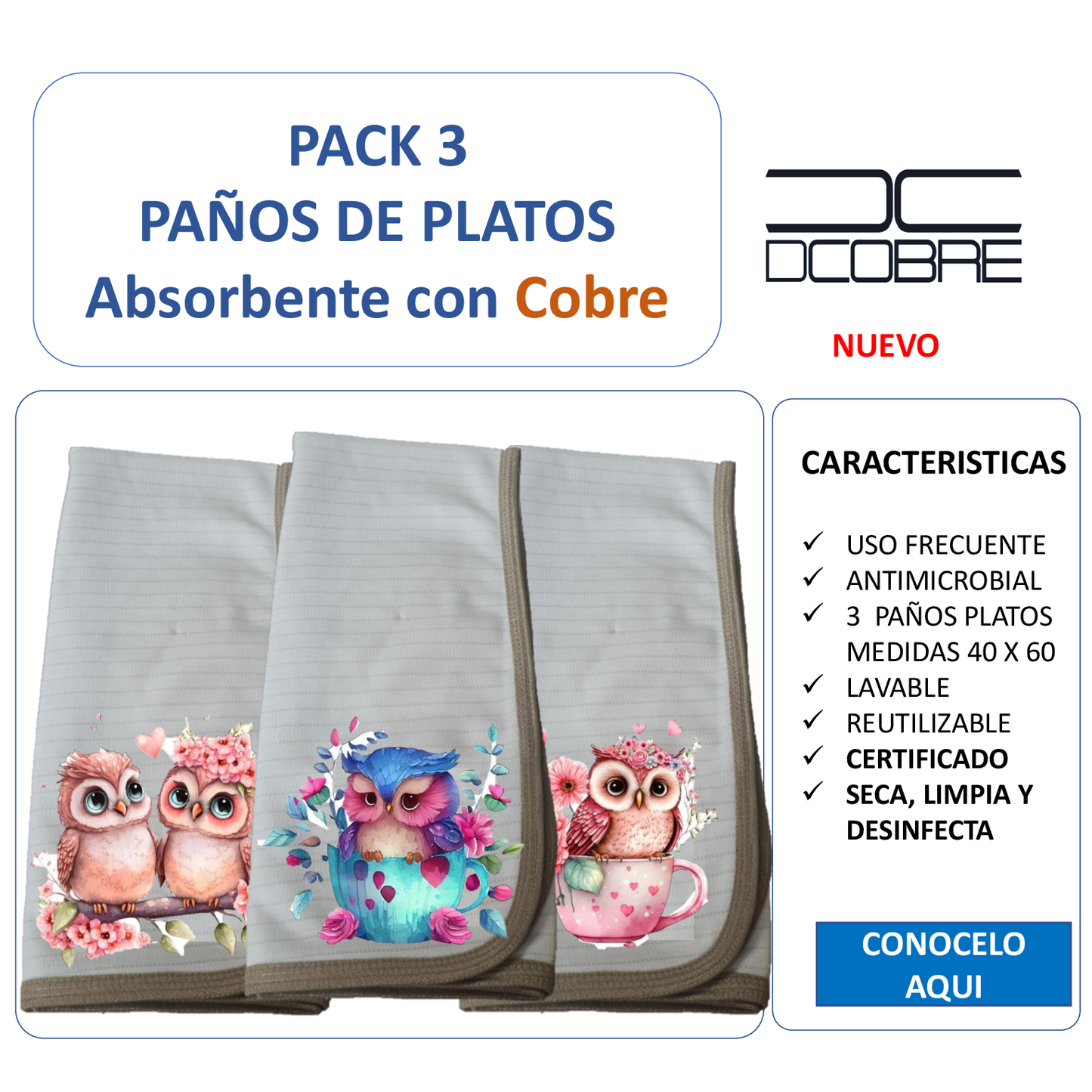 Pack 3 paños de platos absorbente BUHOS, tela cobre activo (grueso) NUEVO