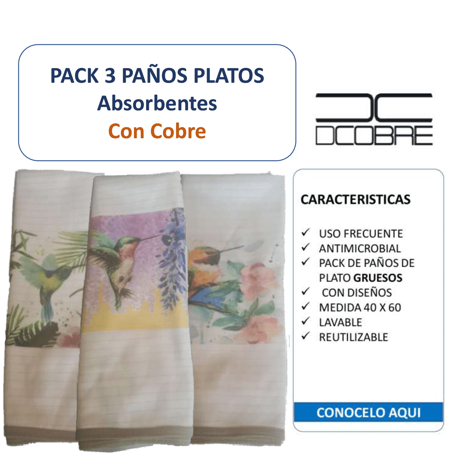 3 paños de platos Cobre absorbentes, elimina gérmenes, olores (grueso). Mod. COLIBRI