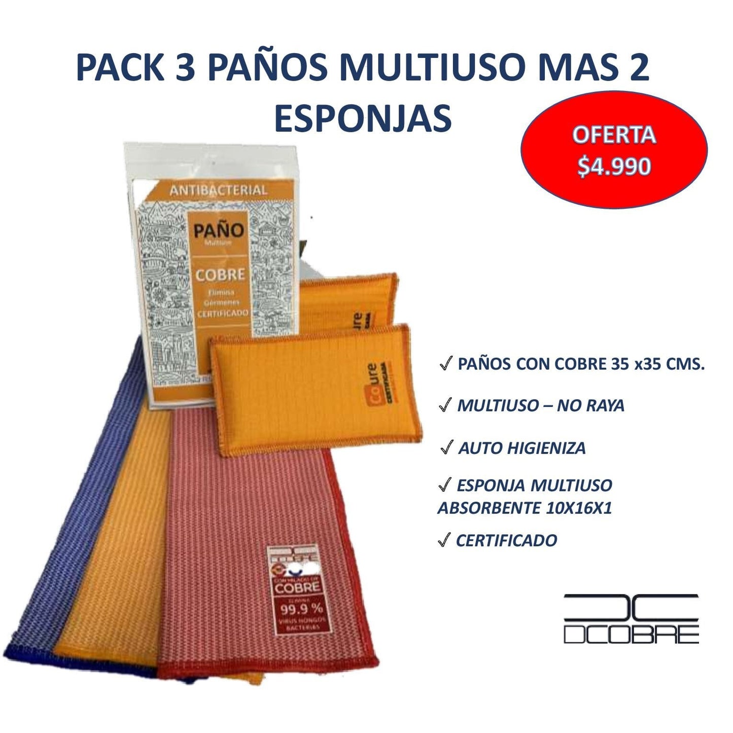 Pack 3 paños microfibra mas 2 esponjas CON COBRE. elimina germenes