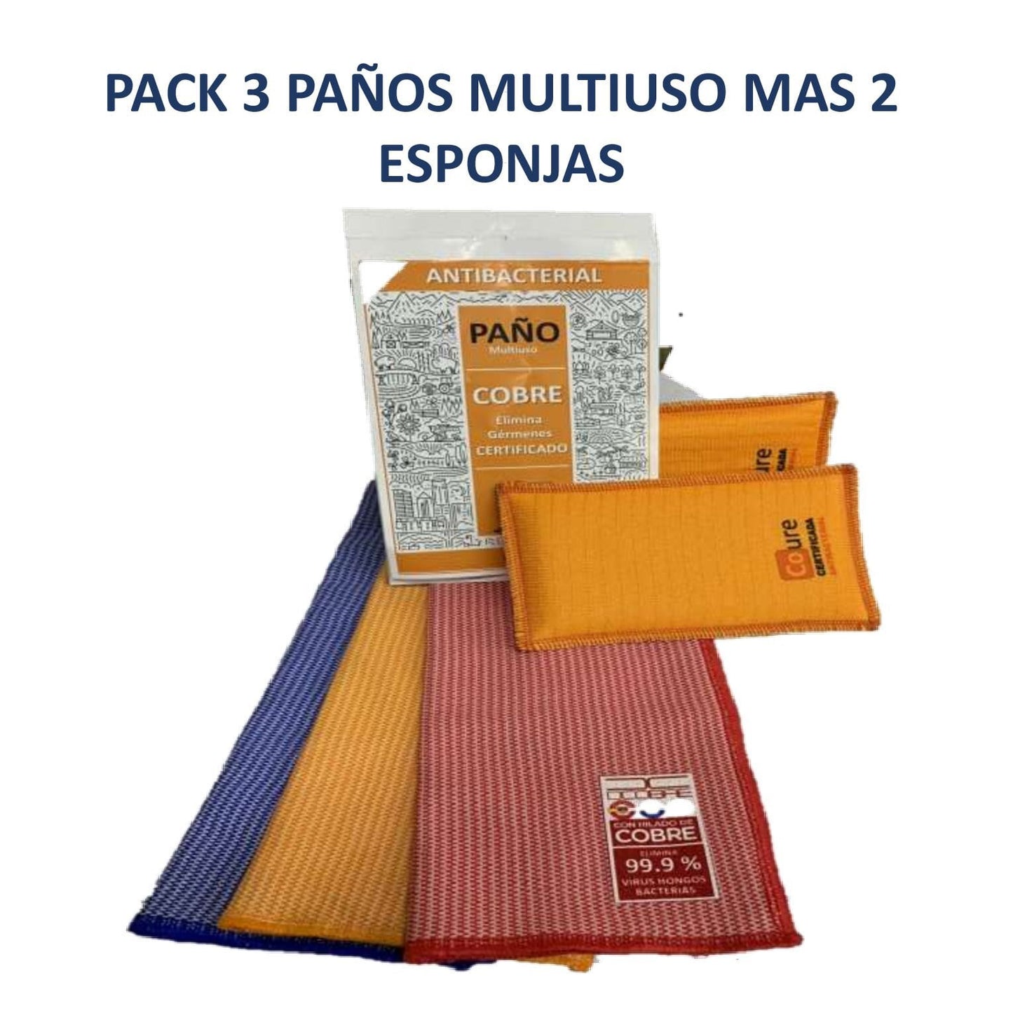 Pack 3 paños microfibra mas 2 esponjas CON COBRE. elimina germenes