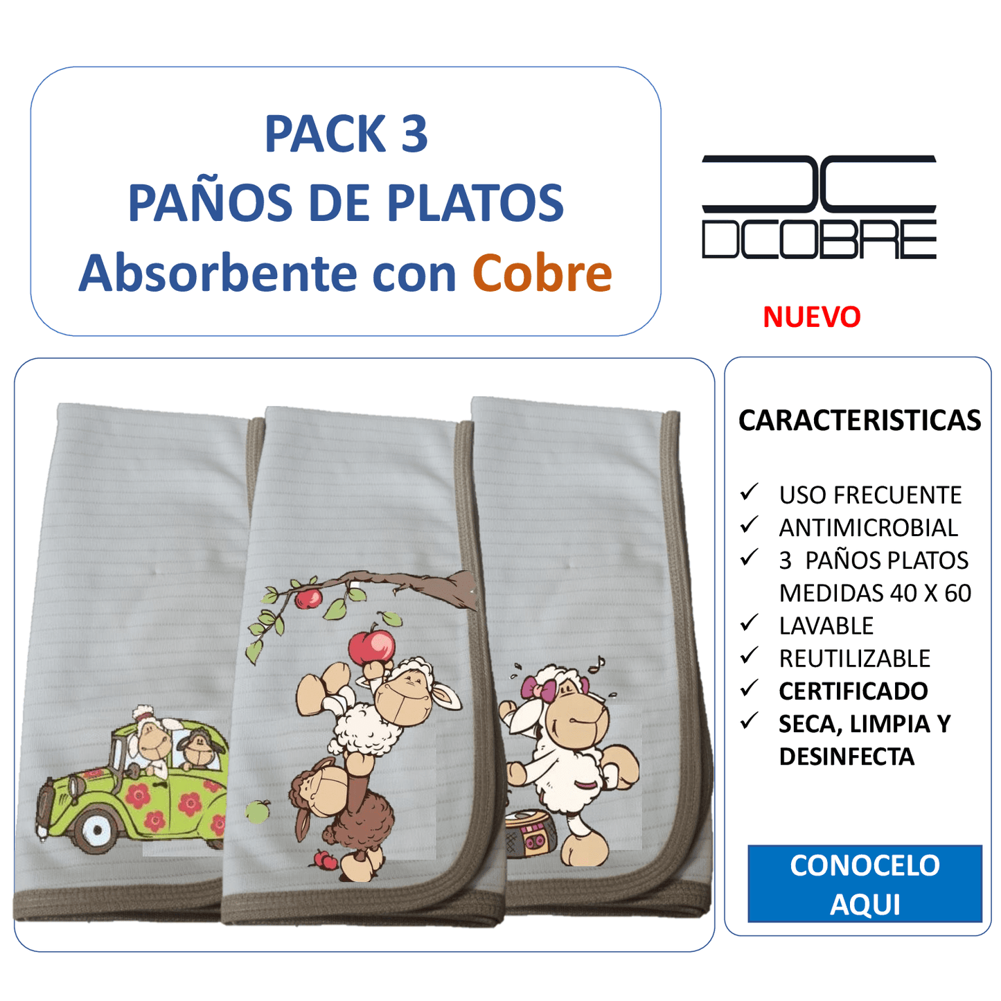 Pack 3 paños de platos absorbente OVEJITA DANCE , tela cobre activo (grueso).