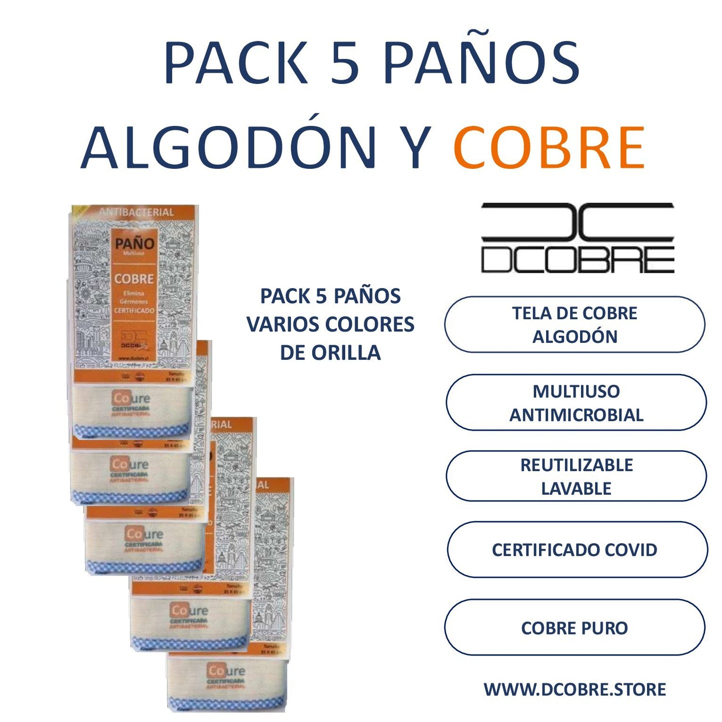Pack 5 unid, con cobre activo Multiuso 35 x 45. Con vivo diferentes colores.