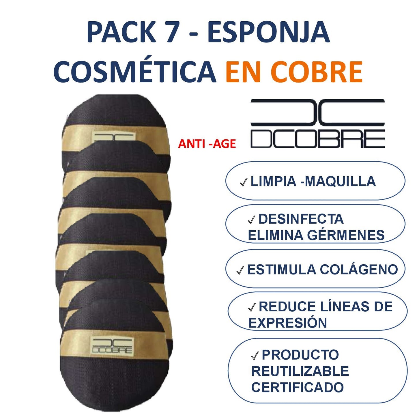 Pack 7 unid. esponjas cosmética en cobre. Café, LIQUIDACIÓN, NUEVO.