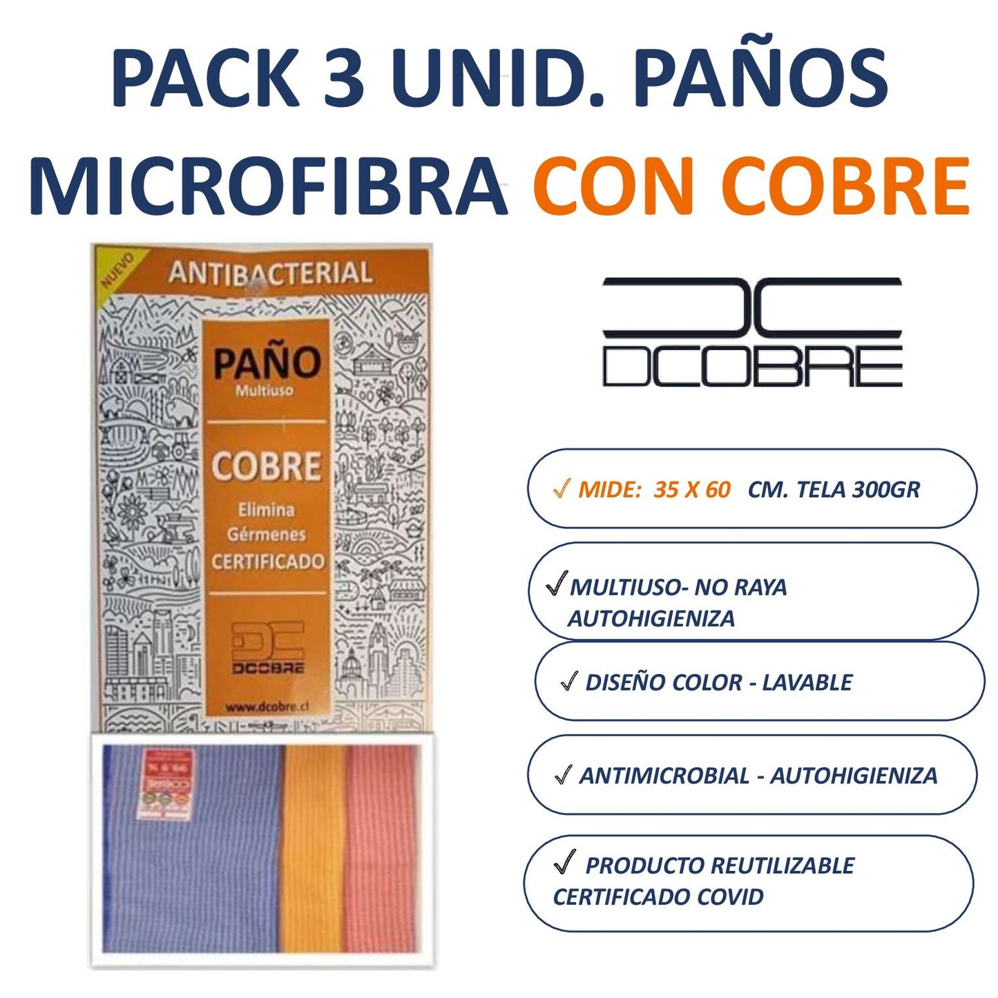 Paño Microfibra con COBRE. 35 X 60 CMS. Pack 3 UNID. - DCobre