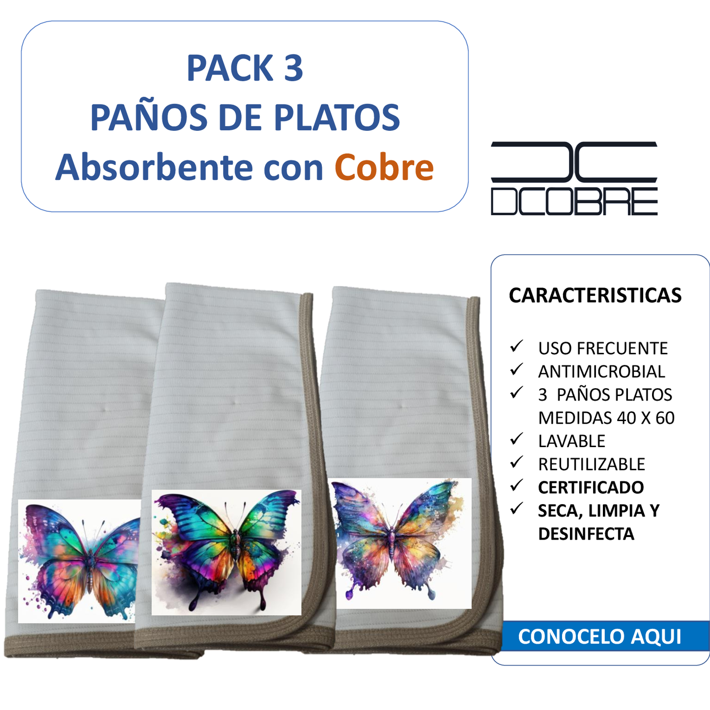 Pack 3 paños de platos absorbente MARIPOSAS SOLAS, tela cobre activo (grueso) NUEVO