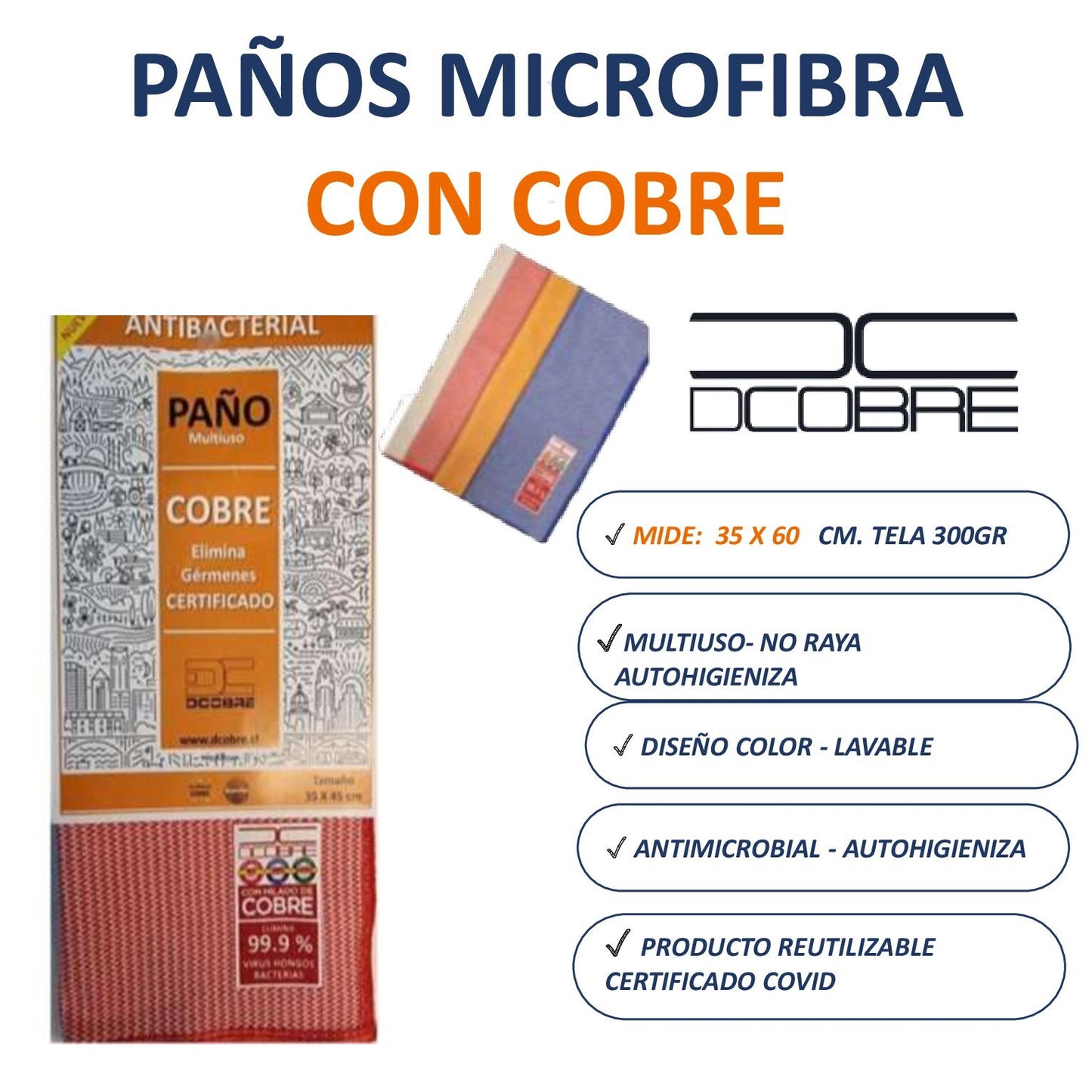Paño microfibra, con cobre activo de 35 x 60 cms.