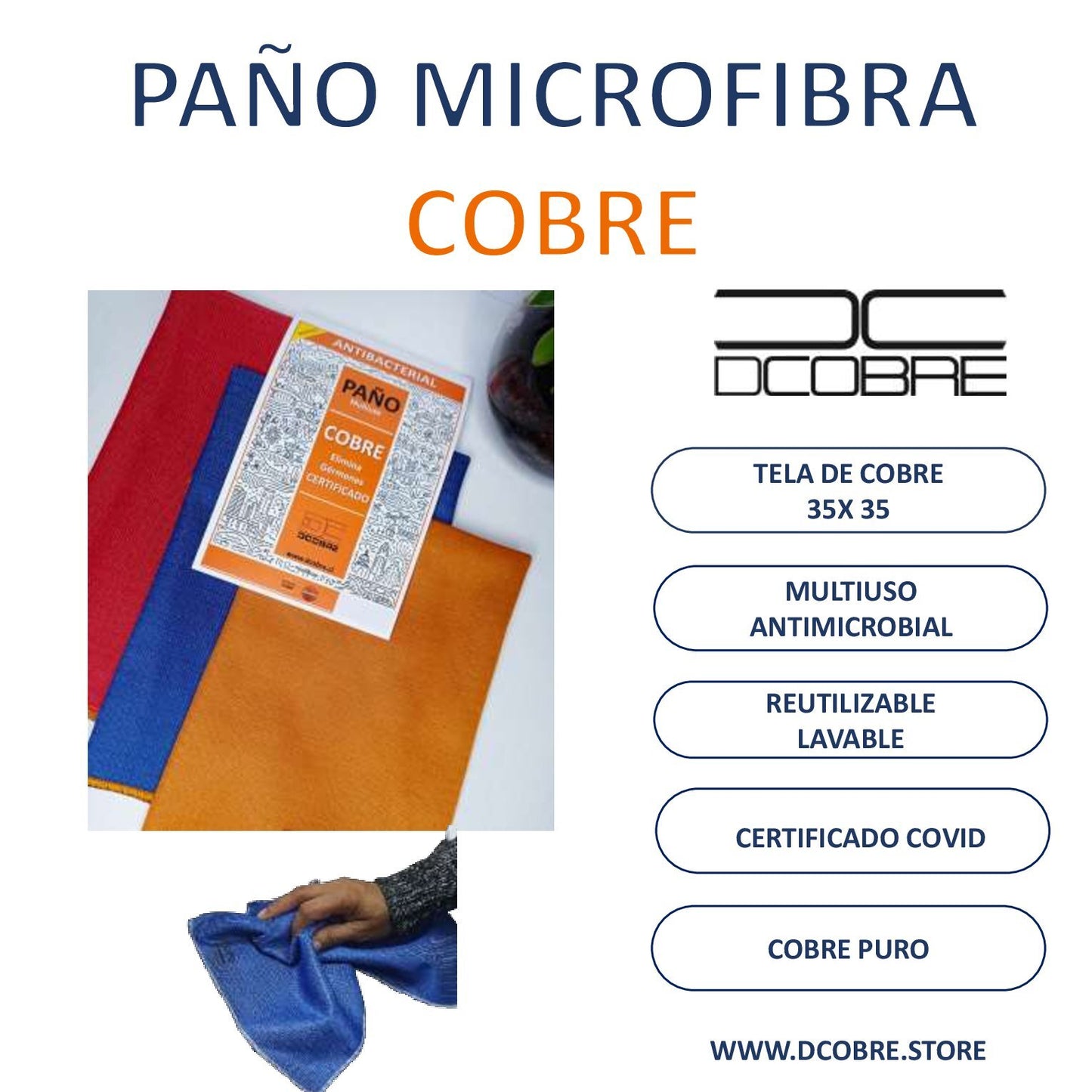 1 Paño Multiuso con COBRE activo. Microfibra 35 x 35 cm varios colores LIQUIDACIÓN y OFERTA DEL MES. - DCobre