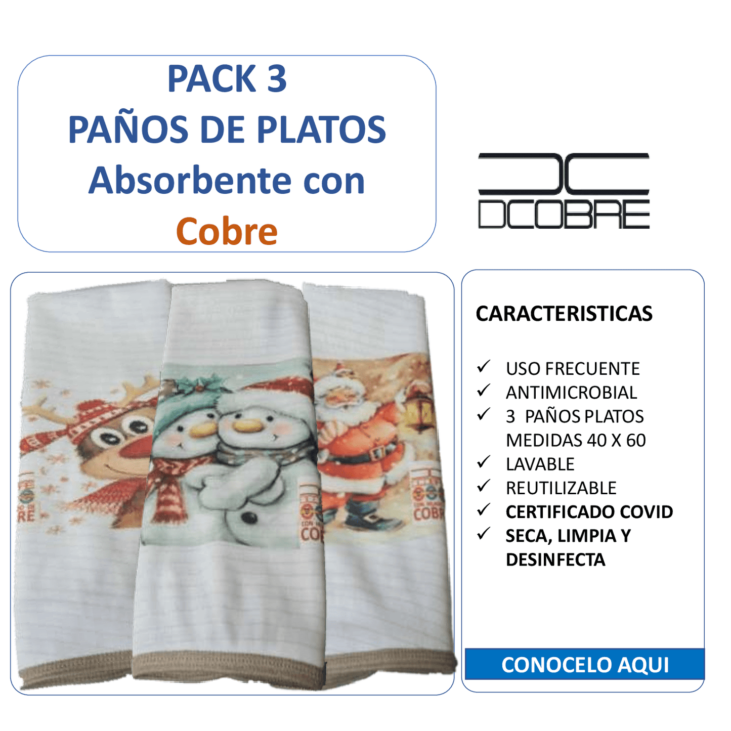 Pack 3 paños de platos absorbentes Mod. NAVIDAD, tela cobre activo (grueso).