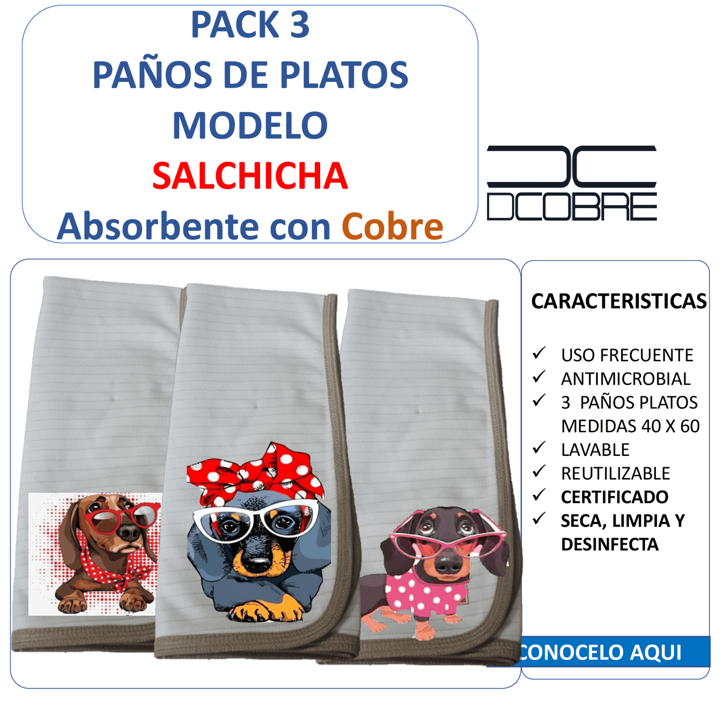 Pack 3 paños de platos absorbente SALCHICHA , tela cobre activo (grueso).