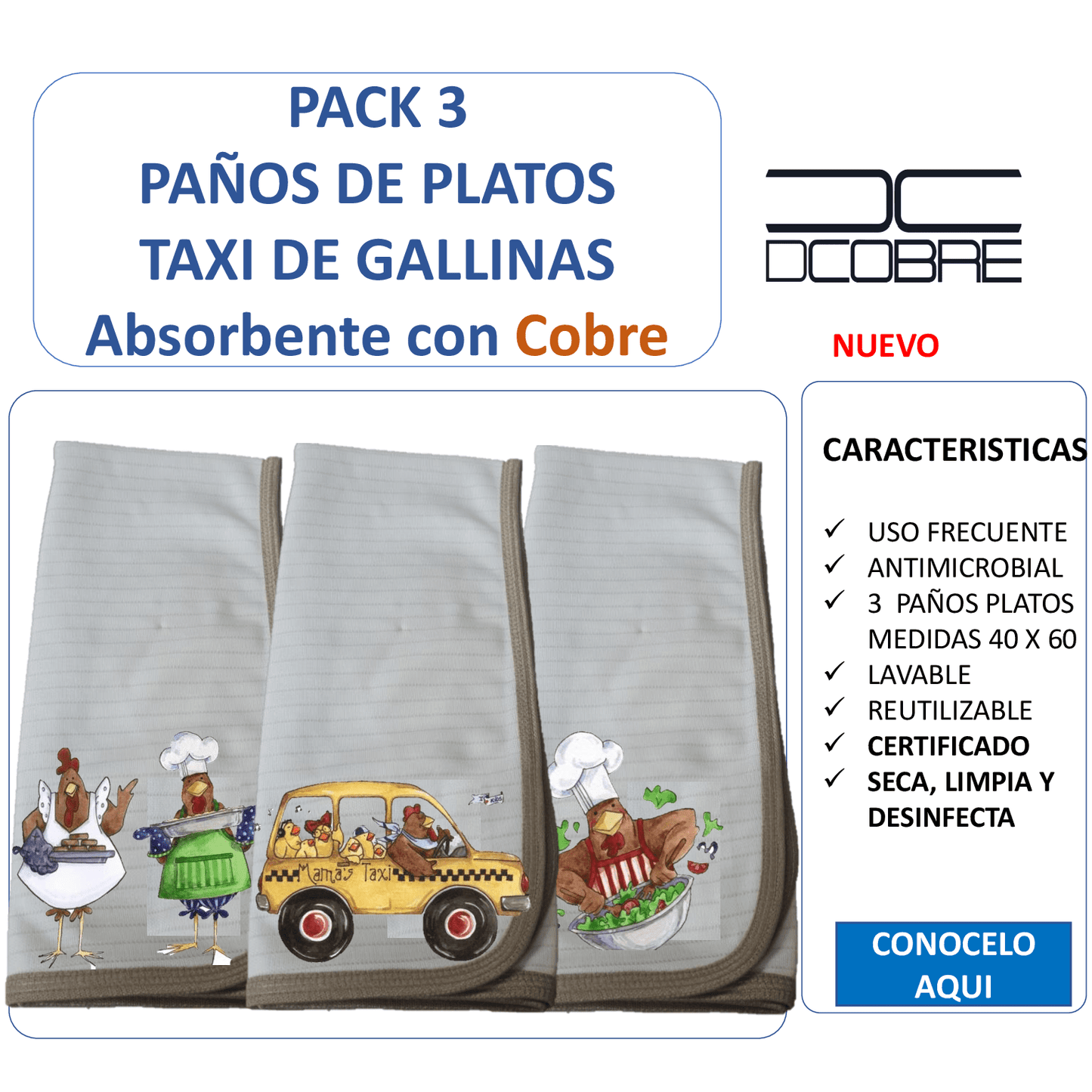 Pack 3 paños de platos absorbente TAXI DE GALLINAS , tela cobre activo (grueso).