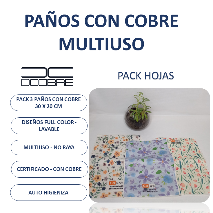 Pack 3 Paños con Diseños y COBRE activo. PACK HOJAS - DCobre