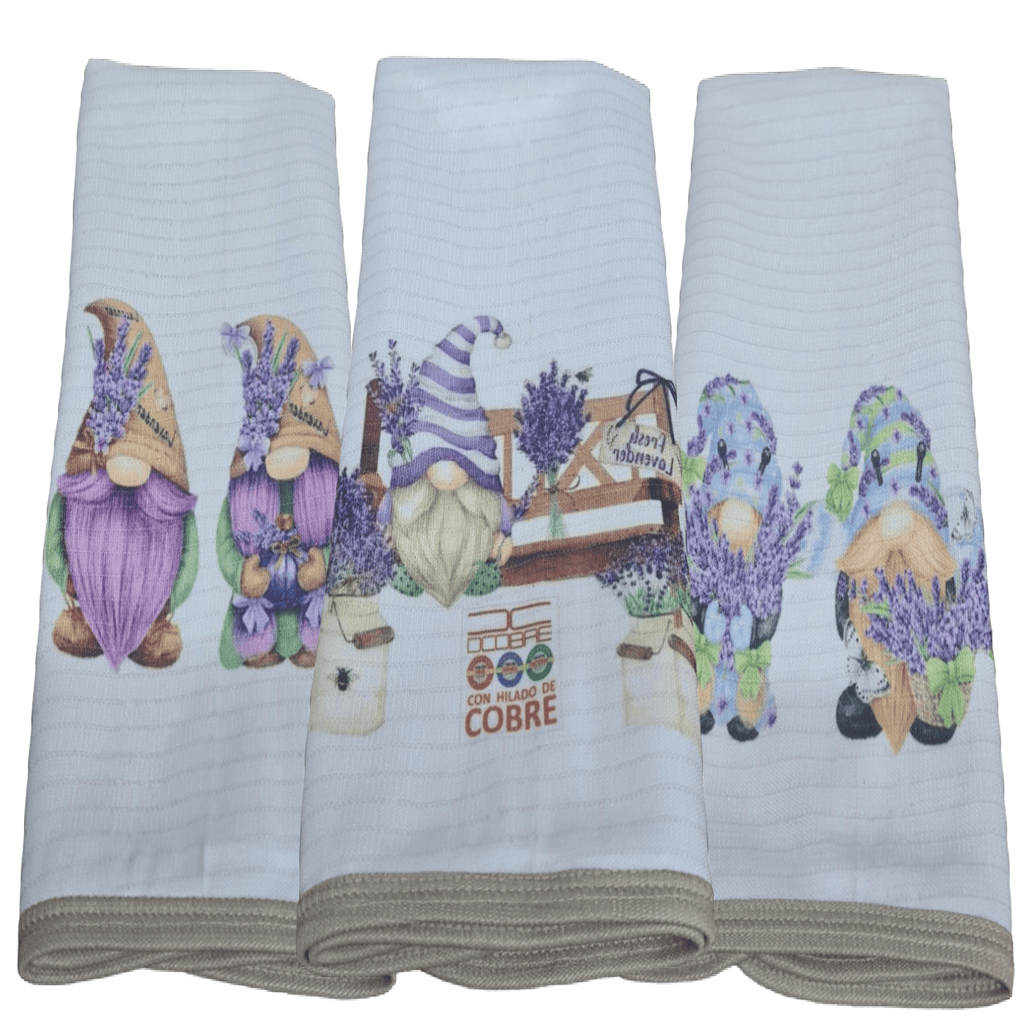 Pack 3 paños de platos absorbente DUENDES LAVANDA, tela cobre activo (grueso).