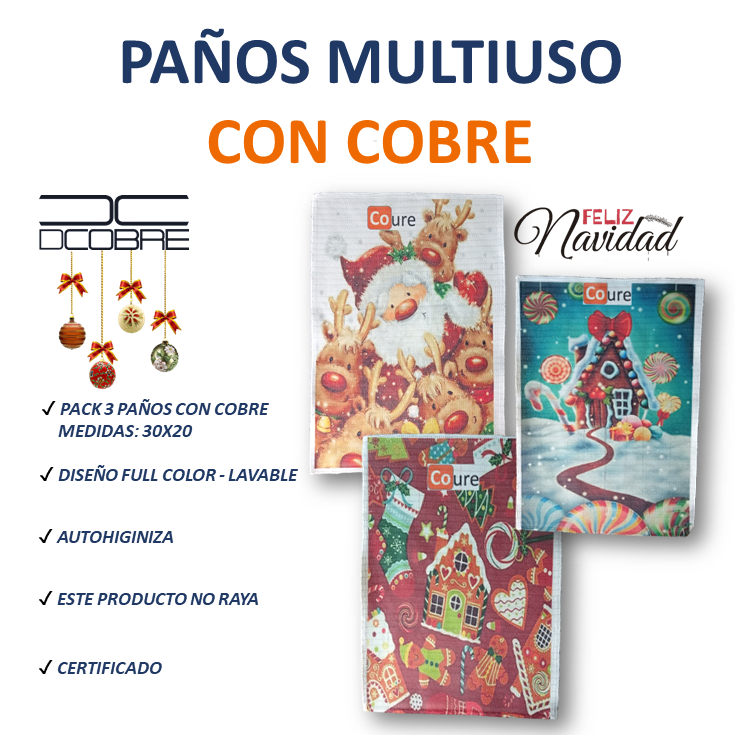 Pack 3 Paños con COBRE activo - Diseños Navidad 4