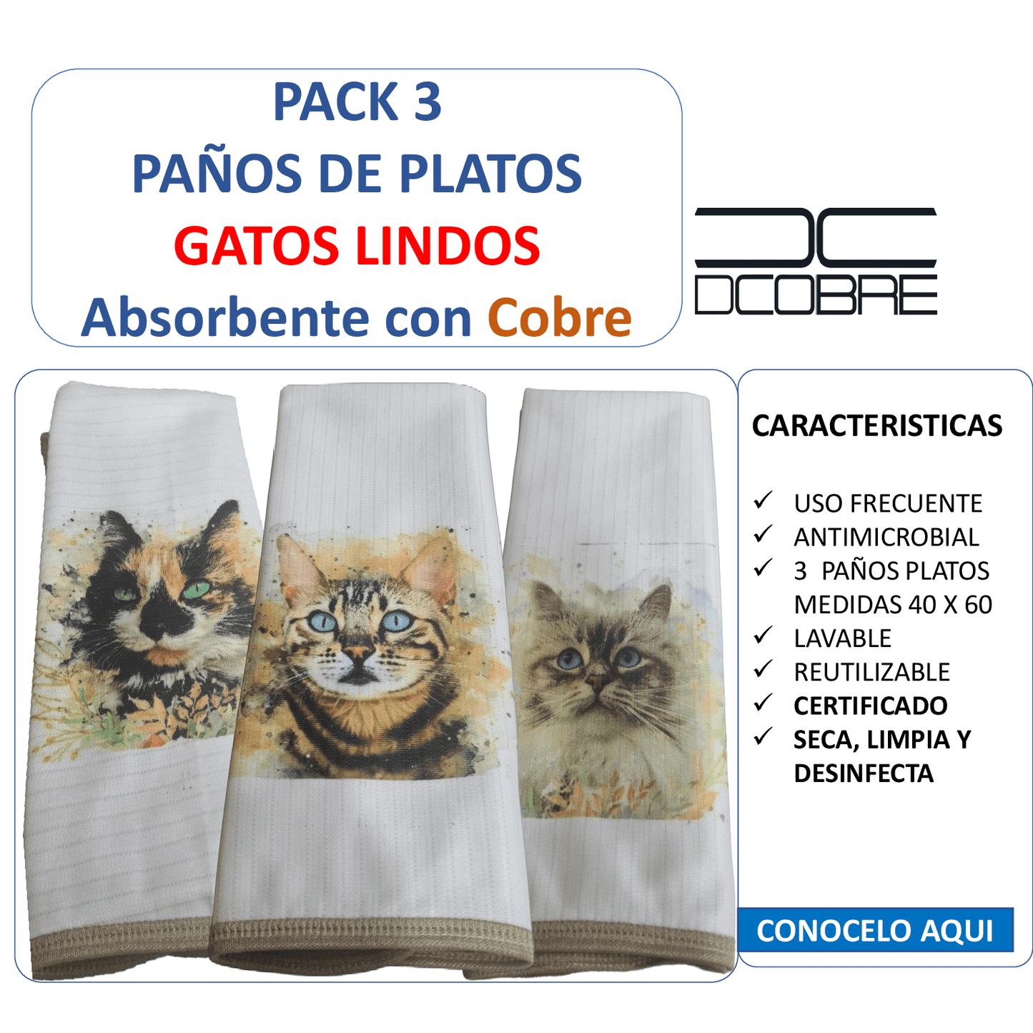 Pack 3 paños de platos absorbente GATOS LINDOS , tela cobre activo (grueso).