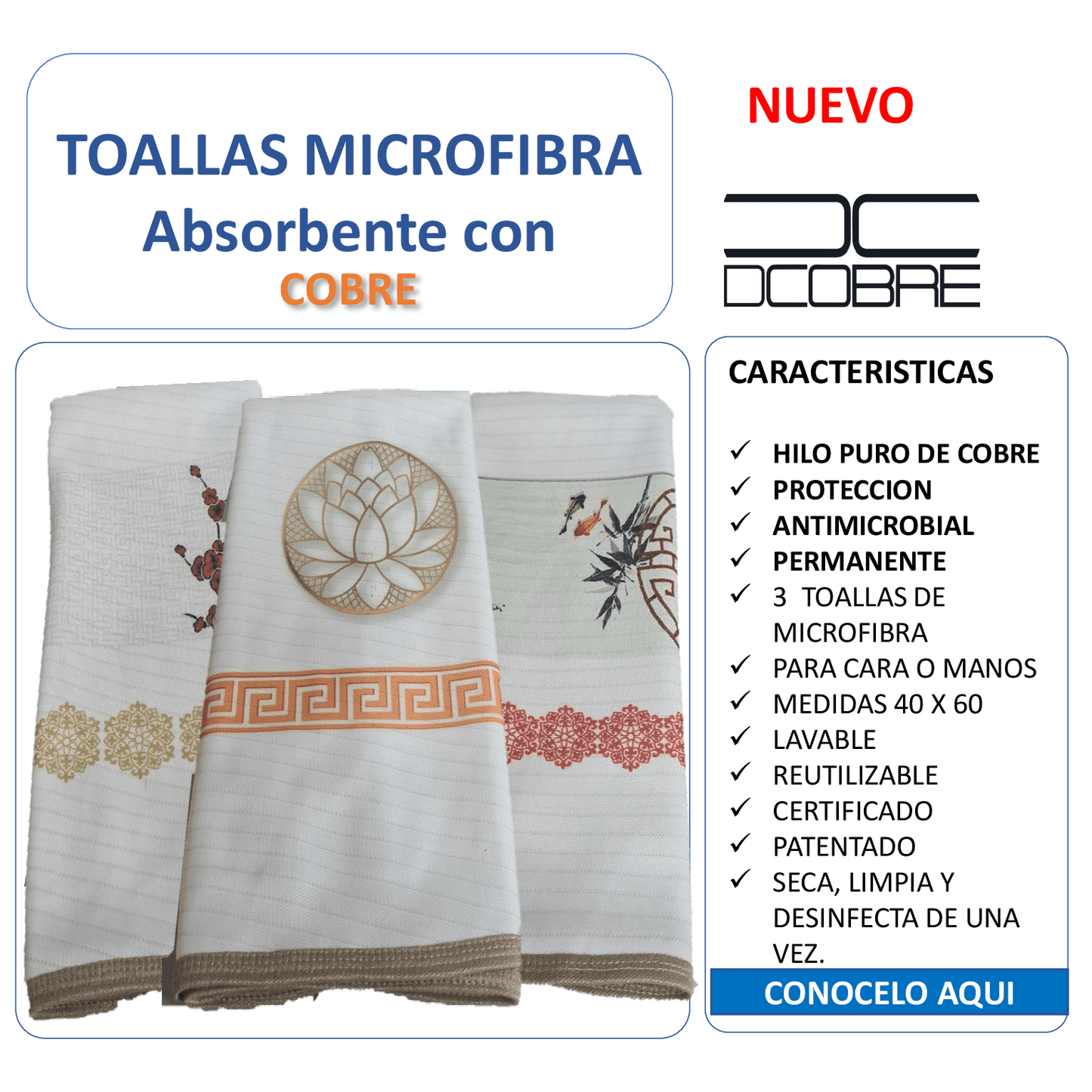 Pack 3 toallas de microfibra absorbente diseño oriental, tela cobre activo (grueso).