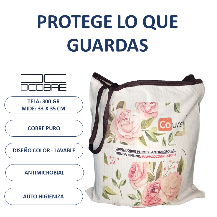 Bolsa Reutilizable con COBRE activo. Diseño ROSAS (tela 300gr) - DCobre