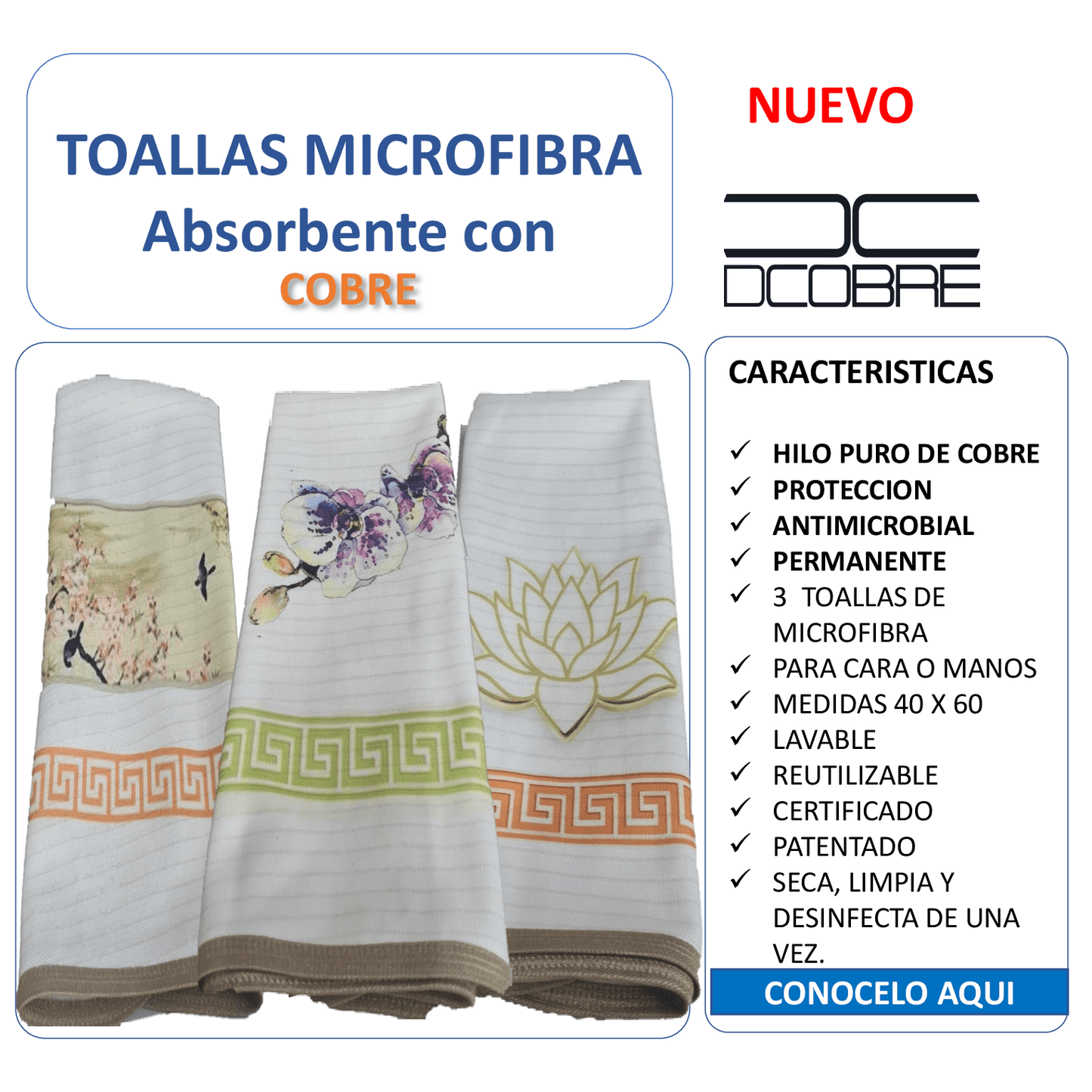Pack 3 toallas de microfibra absorbente diseño orquídea, tela cobre activo (grueso).