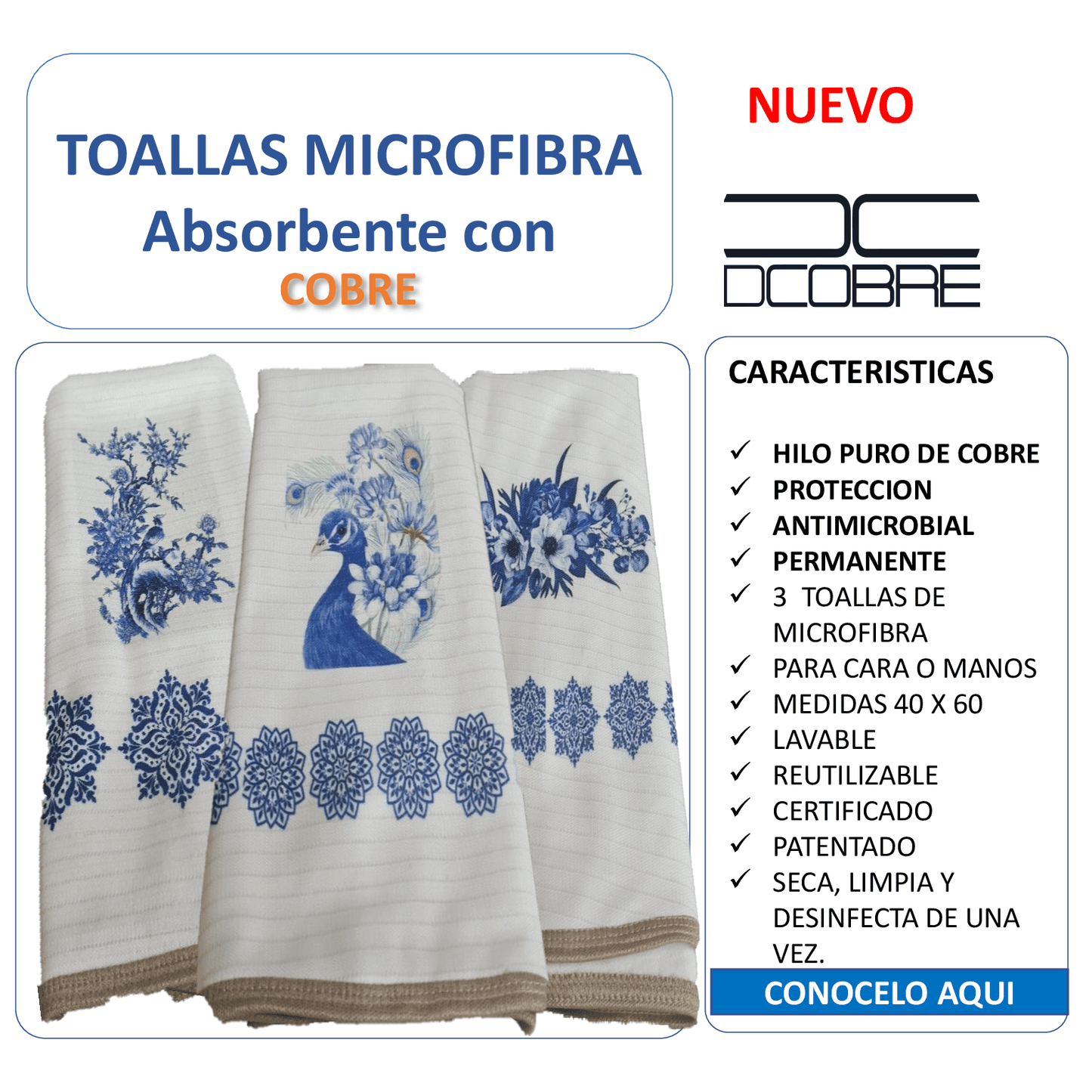 Pack 3 toallas de microfibra absorbente diseño Pavo Real, tela cobre activo (grueso).