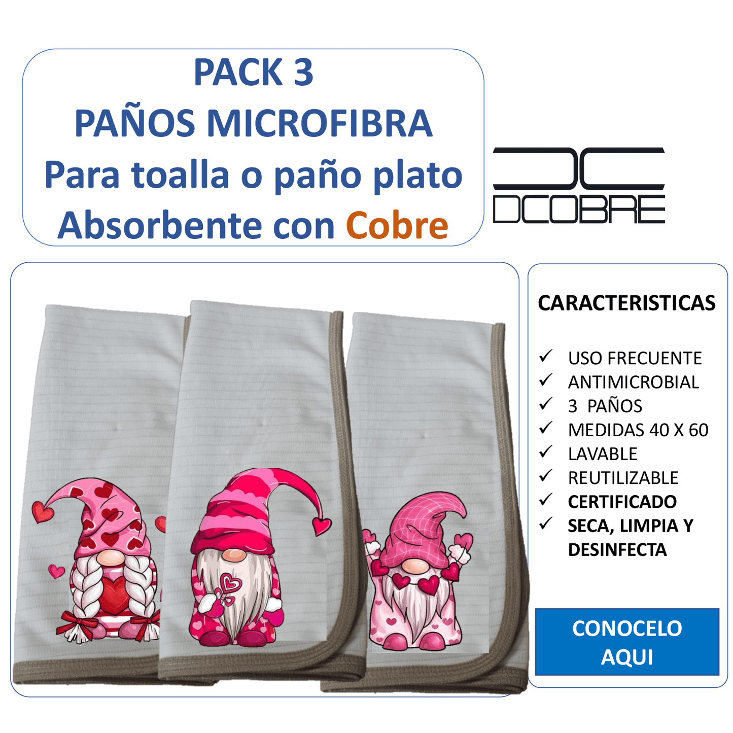 PACK 3 paños de platos absorbente DUENDES AMOR , tela cobre activo (grueso).